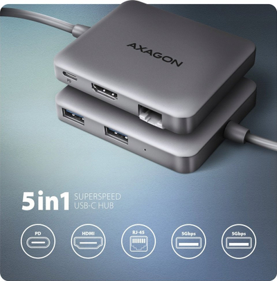 Hub USB Axagon HMC-5HL, 2x USB A, HDMI 4K, GLAN, USB 3.2 Gen 1, PD 100W, gri