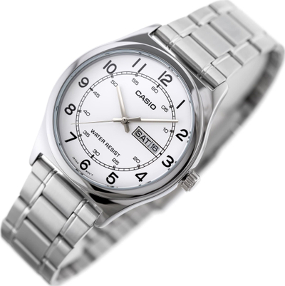 Ora dore Casio MTP-V006D-7B2, çelik inox, ekran me ditë dhe datë, sferë e bardhë