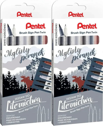 Set markerash furçë Pentel Brush Sign Pen Twin Foggy Morning, 6 copë, dy maja, me shumë ngjyra