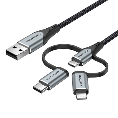 Кабел за полнење Vention 3 во 1, USB C Micro USB Lightning, 2.4A, 480Mbps, црна