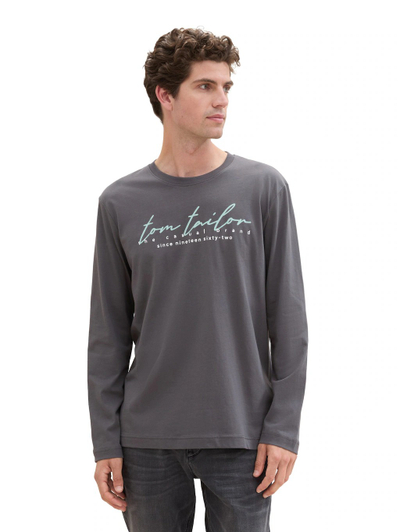 Bluzë me mëngë të gjata TOM TAILOR, logo përpara, pambuk, gri