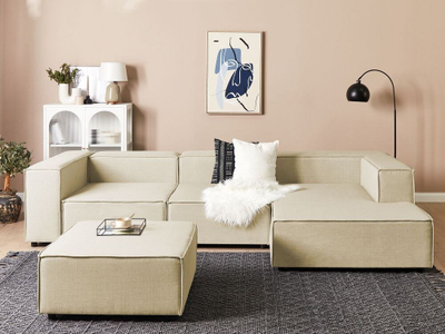 Divan këndi APRICA, 3 vende, modular me ottoman, bezhë