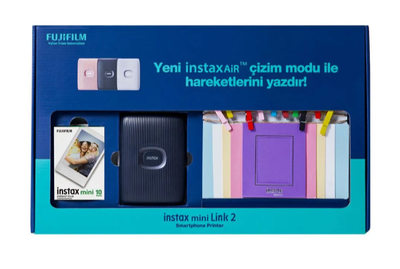 Set Fujifilm Instax Mini Link 2, i kaltër i errët (printer, ngjitëse, 10 filma)