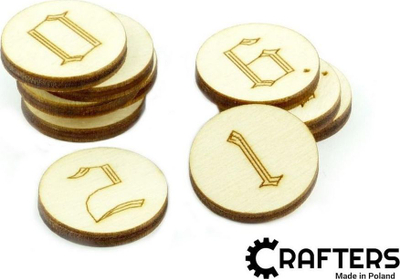 Žetona druri Crafters Round Wooden Markers Numbers, set 10 copë, 22mm, ngjyrë dru natyral