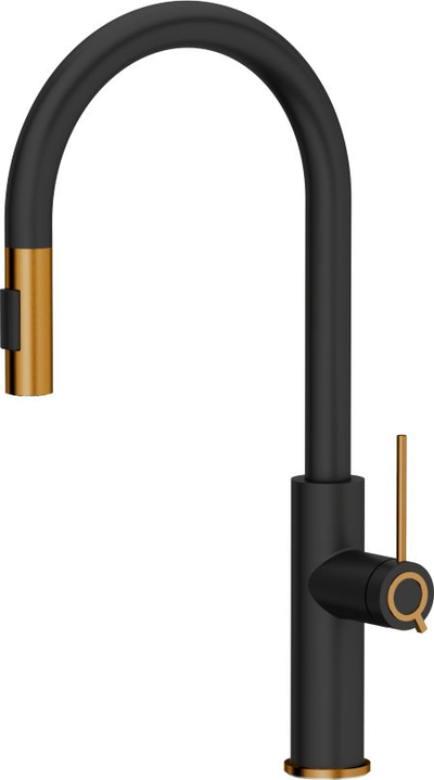 Кујнска чешма Quadron Jennifer Q Line Slim SteelQ, со извлекувачка туш-цевка, црна со елементи од бакар