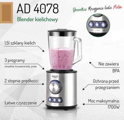 Blenderi Adler AD 4078, 800W, 1.5L, me kavanoz qelqi, ngjyrë e argjendtë