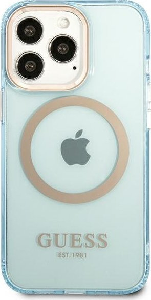 Kapak telefoni Guess GUHMP13LHTCMB për iPhone 13 Pro / 13 6.1", MagSafe, i tejdukshëm, blu me kontur ari