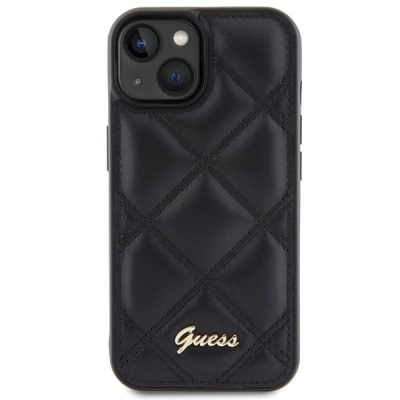 Maskë telefoni Guess Quilted Metal Logo për iPhone 15, lëkurë ekologjike, e zezë