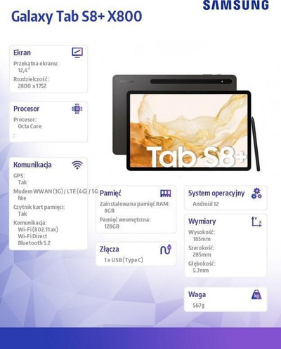 Tableti Samsung Galaxy Tab S8 Plus, 12.4\", 128GB, gri