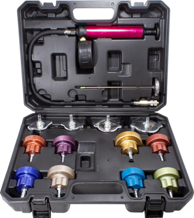 Set testues sistemi ftohës ROCKFORCE RF-914G1, me manometër dhe pompë, me adapterë universalë, në kuti plastike