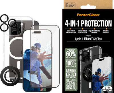 Set mbrojtës PanzerGlass 4‑in‑1 për iPhone 16 Pro Max, me MagSafe, transparent