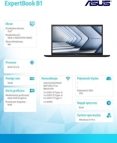 Laptop Asus ExpertBook B1 B1502CVA, 15.6" FHD, i5 gjenerata 13, 16GB RAM, 1TB SSD, Windows 11 Pro, blu e errët
