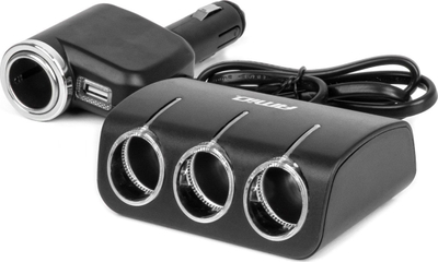 Shpërndarës prizash për makinë AMIO 04360, 3 dalje çakmaku, USB A 12/24V 120W, kabllo 80cm