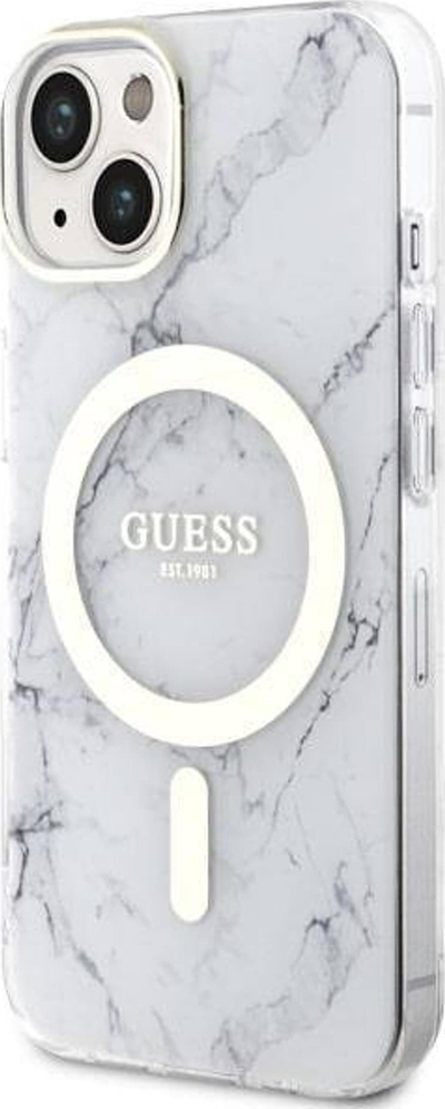 Mbulesë telefoni Guess Marble MagSafe për iPhone 14, PC TPU, e bardhë