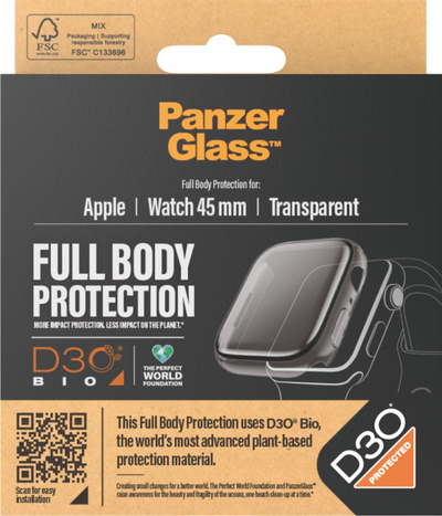 Mbrojtëse ekrani PanzerGlass Full Body Apple Watch 7 8 9 45mm, D3O, transparente