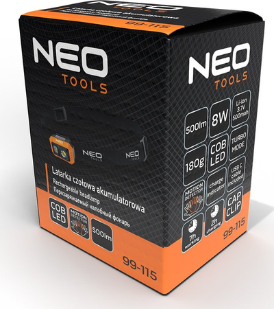 Фенер за глава NEO TOOLS со полнење, 500 lm, USB C, ЛЕД COB