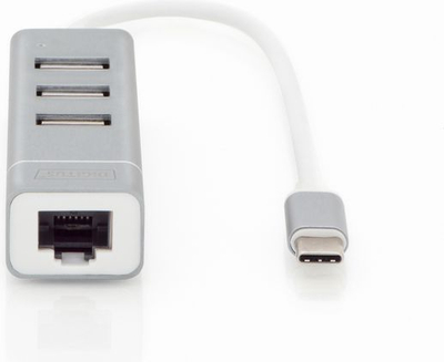 USB-Ц хаб Digitus 3 порти, Fast Ethernet LAN, сребрен