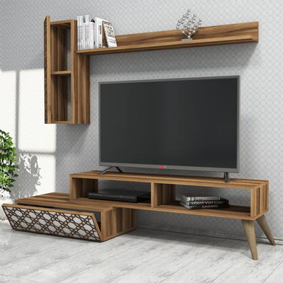 Komodë TV Kalune Design Planet, me rafte të hapura, panel dekorativ, dru natyral