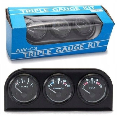 Set treguesash KET 3 në 1, 52mm, voltmetër temperaturë uji presion vaji, VDO look, i zi
