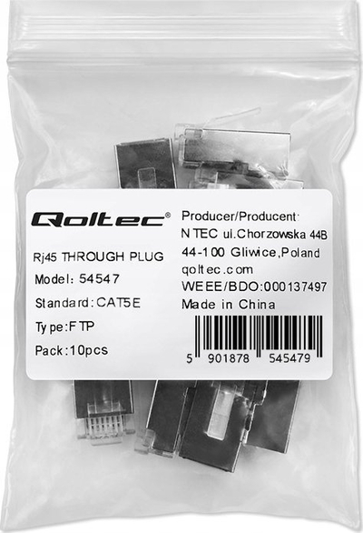 Konektor rrjeti Qoltec RJ45 Pass-through, Cat5e FTP, kontakte me ar, 10 copë