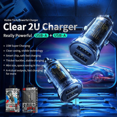 Полнач за автомобил WEKOME WP-C40 Vanguard Series, 2x USB-A, 15W, црн транспарентен