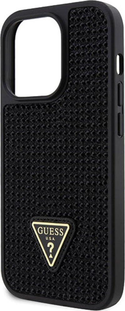 Këllëf telefoni Guess me gurë vezullues, me logo trekëndore, për iPhone 14 Pro, plastike e butë, i zi
