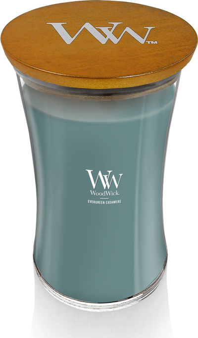 Qiri me aromë WoodWick Evergreen Cashmere, i madh, 180 orë, jeshil