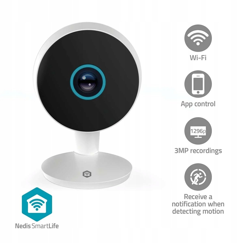 Kamerë sigurie e brendshme Nedis SmartLife, 3MP 1296p, Wi‑Fi, e bardhë