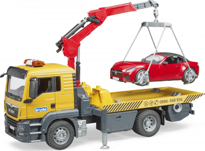 Kamion lodër Bruder MAN TGS 03750 Tow Truck, me vinç dhe platformë, me roadster, i verdhë