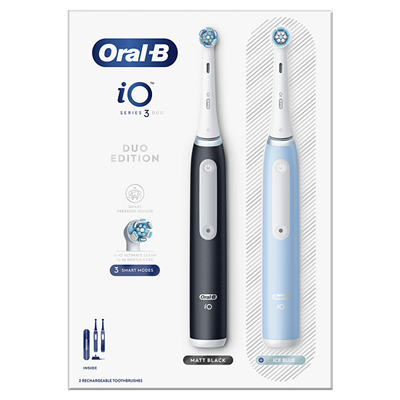 Brushë dhëmbësh elektrike Series iO 3 Duo në ngjyrat Black dhe Ice Blue, paketë me 2 copë