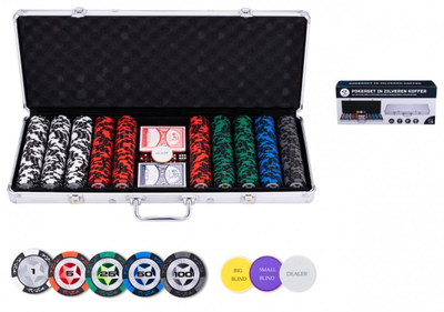 Set pokeri Bicycle, 500 fisha, kuti metalike argjendi