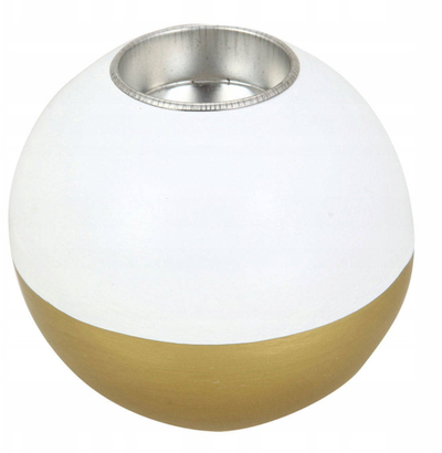 Mbajtëse qiri prej druri Christmas Ball, sferë 10cm, dekor krishtlindjesh, e bardhë me ari
