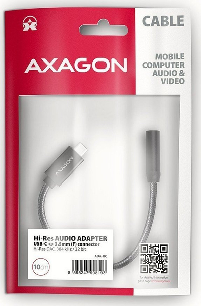 Adapter audio USB C AXAGON ADA HC, Hi Res 32 bit 384 kHz, dalje 3.5 mm, gri
