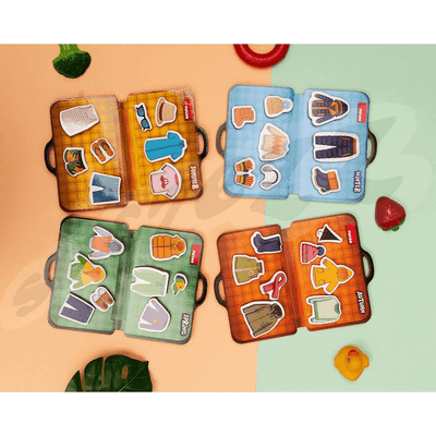Loja edukative Puedo Pack Your Bags Matching Game, me valixhe, copa veshjesh prej shkumë, shumëngjyrëshe