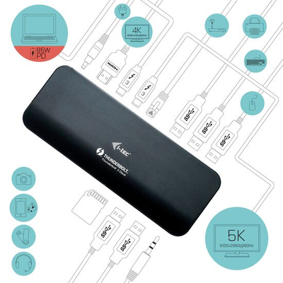 i-tec 2x Thunderbolt 3 5K Docking 60 W PSU (1 x Ethernet, 1 x HDMI, 1 x miniJack 3.5mm (microphone and headphones), 2 x Thunderbolt 3, 5 x USB 3.0, SD card reader)