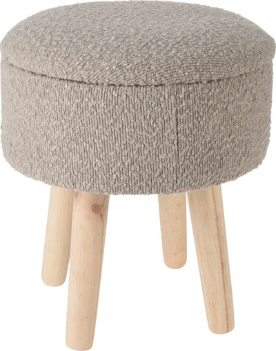 Tabure dekorativ me kuti, ulëse boucle, këmbë dru pishe, 34cm, bezhë