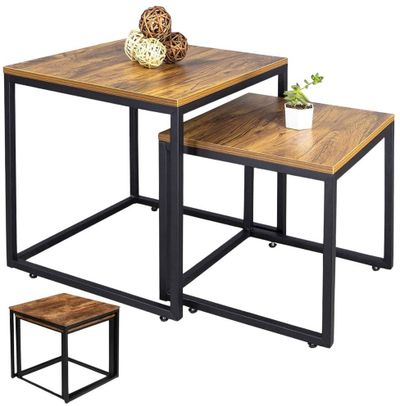 Set tavolinash kafe Rustic Square, 2‑në‑1, 45x50cm 40x45cm, me skelet çeliku të zi