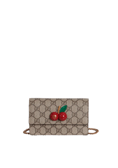 GUCCI GG Supreme Cherry Crystal Mini Bag Chain Shoulder Crossbody
