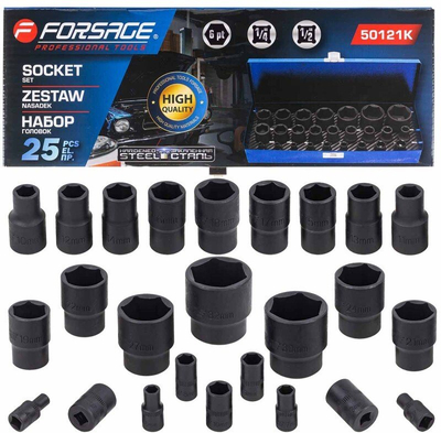 Set çelësash goditës Forsage 50121K, 25 copë, në kuti metalike, i zi