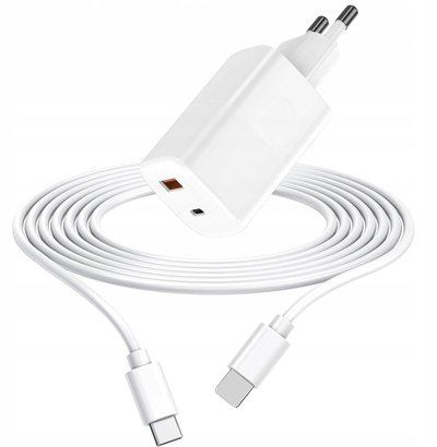 Karikues AC 30W, 5V, USB A dhe USB C, me kabllo 1m, i bardhë