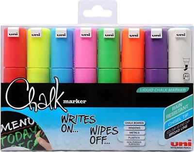 Markerë shkumësi Uni Chalk PWE-8K, set 4 copë, majë e gjerë daltë 8 mm, të shumëngjyrshëm