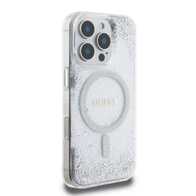 Kopertinë Guess Resin Gradient Glitter MagSafe për iPhone 16 Pro Max 6.9", plastike e fortë, ngjyrë argjendi