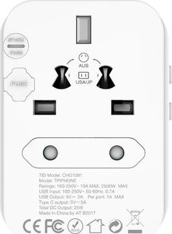 Adaptor universal udhëtimi Energizer, multi-socket, 2x USB, i bardhë