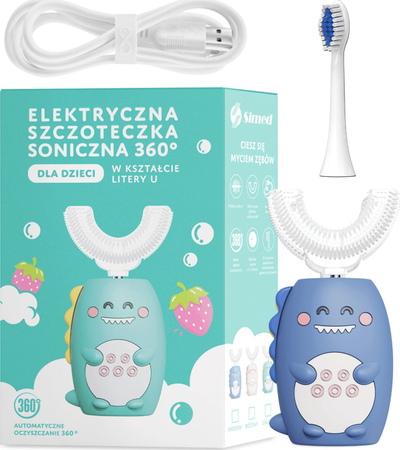 Furçë dhëmbësh sonike Simed 360 për fëmijë, formë U 2 në 1, blu