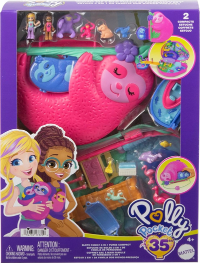 Set loje Polly Pocket Sloth Family 2 in 1 Purse, lojë xhungle, për fëmijë 4+