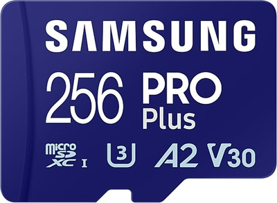 Kartë memorie MicroSD Samsung PRO Plus 256GB, Class 10 U3 A2, me adapter, blu