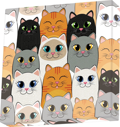 Set pikture me diamante DIAMOND DOTZ Box Cat Clan, komplet për punime me dorë, me stilus dhe gurë dekorativë, shumëngjyrësh