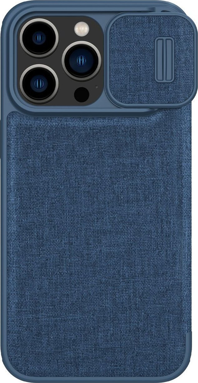 Mbulesë telefoni Nillkin Qin Cloth Pro për iPhone 14 Pro Max, kapak me flip, mbrojtje kamere, blu