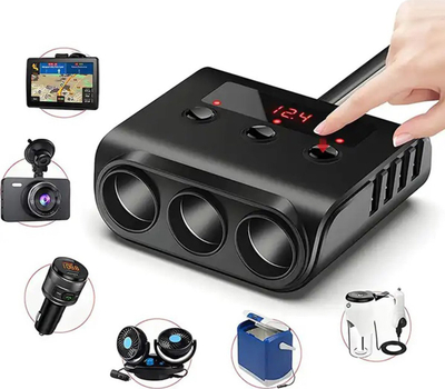 Ndarës prize makine PLS42, 3x 12V, 4x USB me voltmetër, i zi