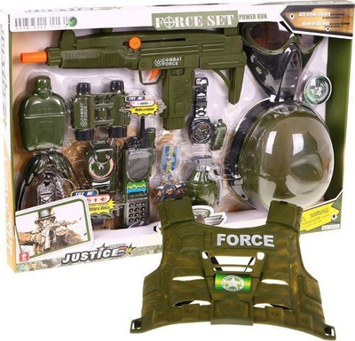 Set lodrash ushtarake Justice Force Set, helmeta dhe jelek, pushkë lodër, i gjelbër